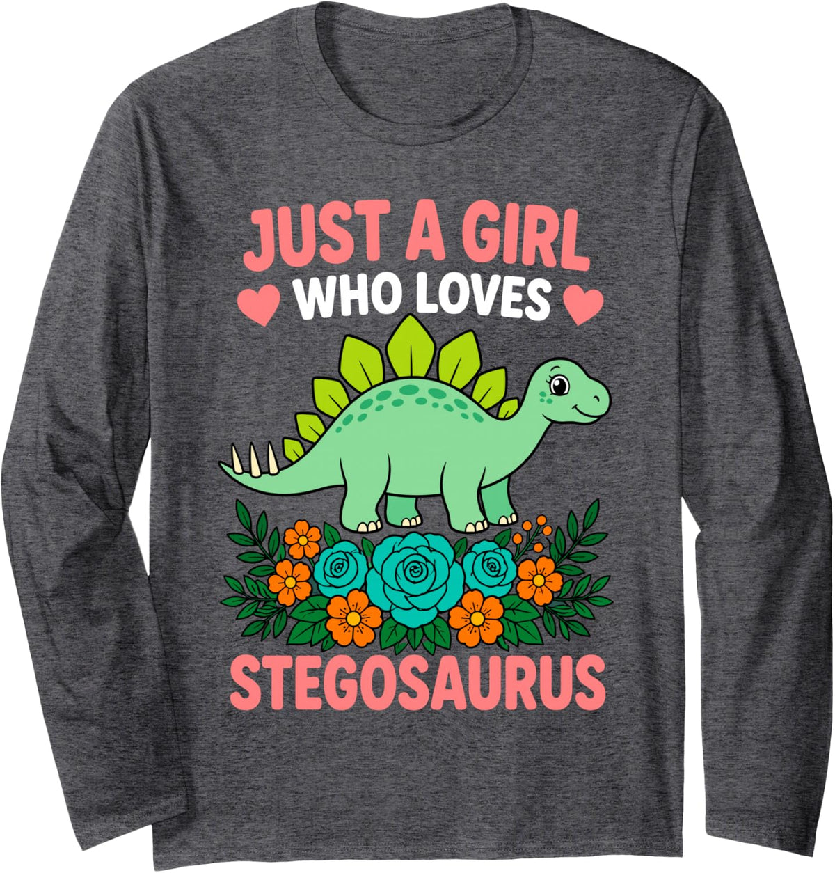 Stegosaurus Art for Girls Kids Women Dinosaur Paleontologist Long Sleeve T-Shirt - Adult Unisex Dark Heather Grey