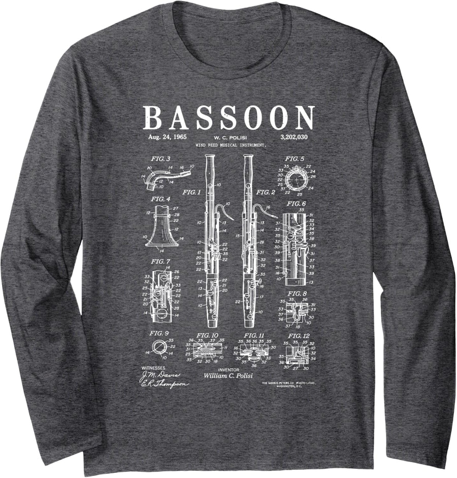 Vintage Bassoon Player Patent Blueprint Bassoonist Musician Long Sleeve T-Shirt - Adult Unisex Dark Heather Grey