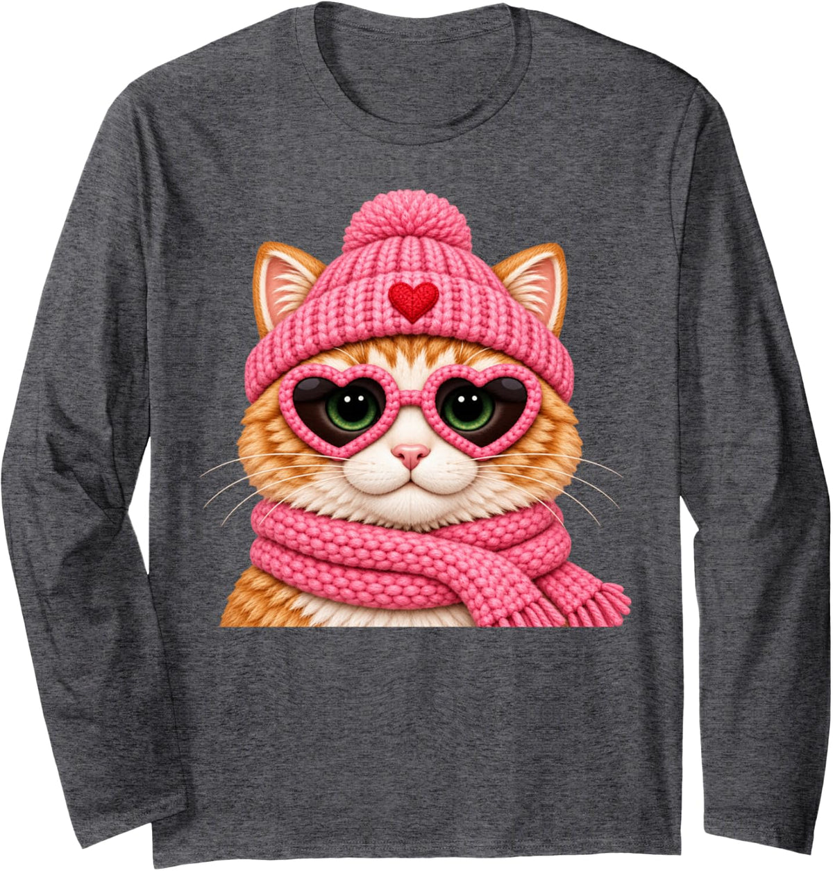 Orange Cat Pink Heart Sunglasses Cozy Winter Hat Scarf Long Sleeve T-Shirt - Adult Unisex Dark Heather Grey