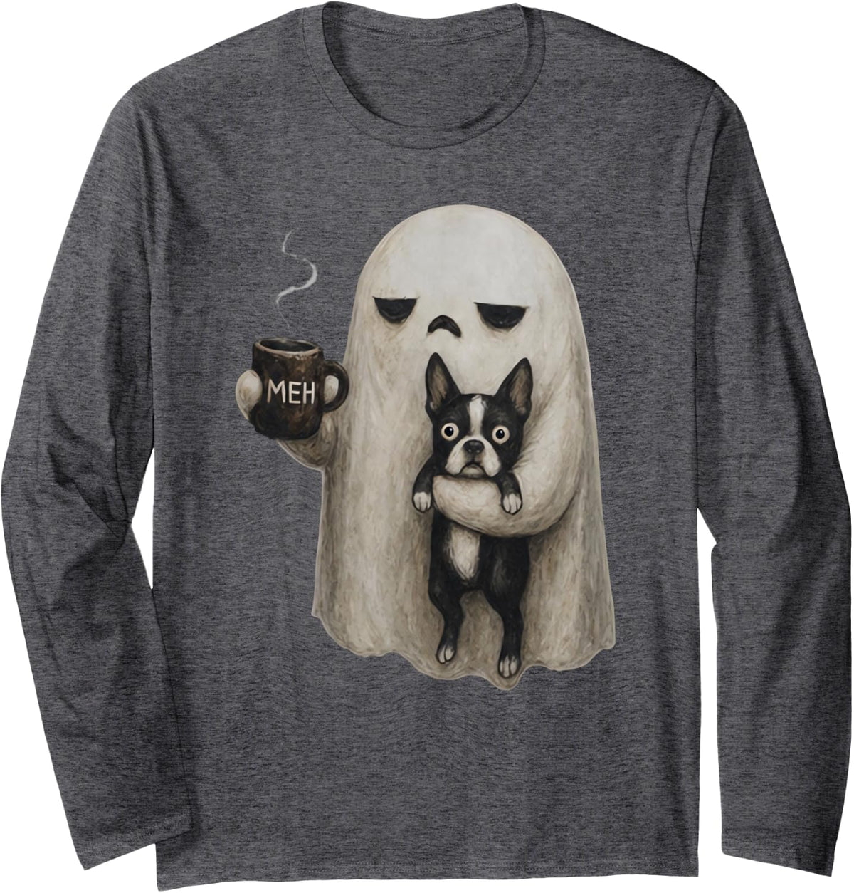 Vintage Funny Meh Boo Ghost Holding Boston Terrier Dog Lover Long Sleeve T-Shirt - Adult Unisex Dark Heather Grey