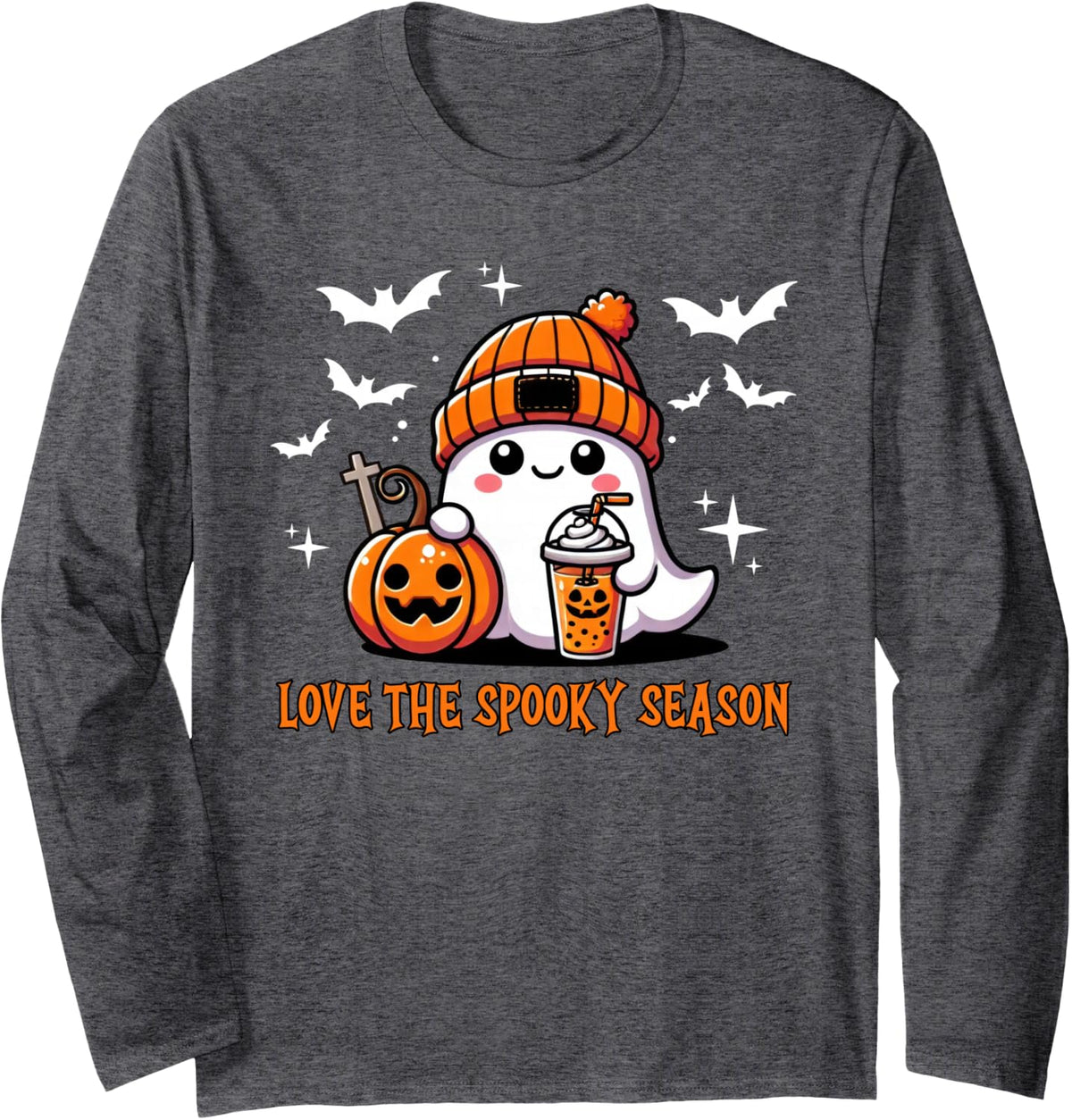 Cute Kawaii Ghost Coffee Pumpkin Halloween Spooky Season Long Sleeve T-Shirt - Adult Unisex Dark Heather Grey