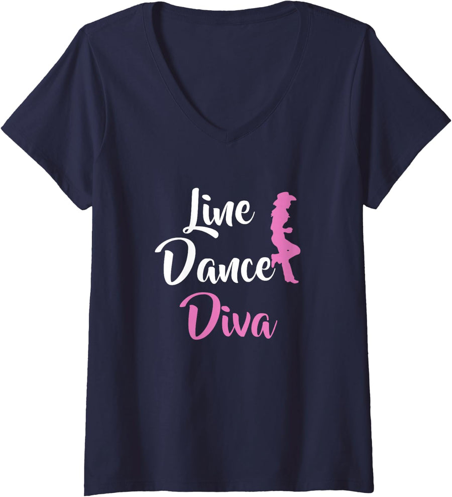 Women's Western Country Line Dancing Diva Cowgirl Line Dance V-Neck T-Shirt - Navy Blue