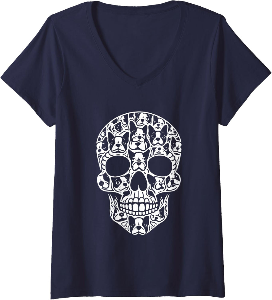 Womens Group Boston Terriers As Halloween Skull Costume Dog Owner V-Neck T-Shirt - Navy Blue