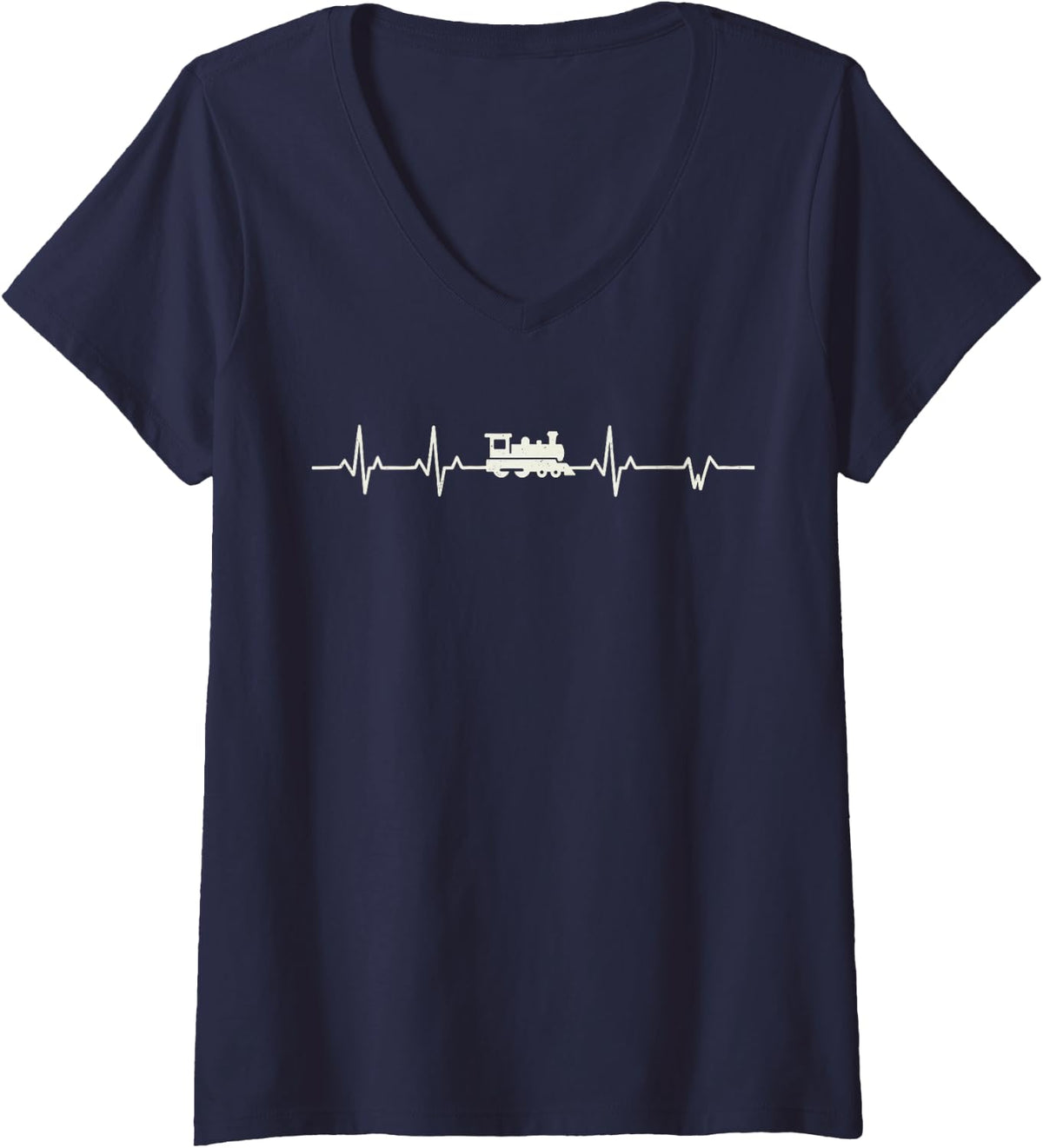 Women's Heartbeat Retro Railroad Train Steam Train Locomotive Lover V-Neck T-Shirt - Navy Blue