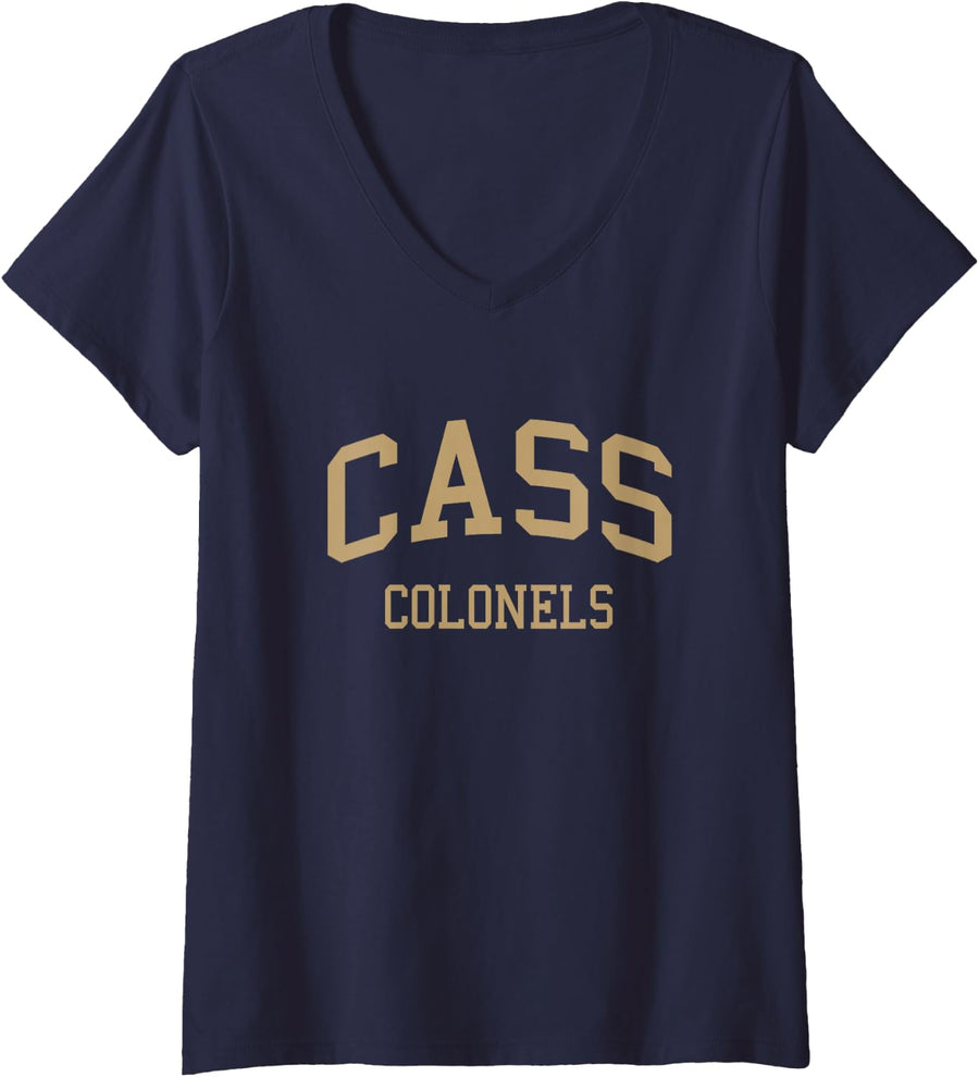 Women's Cass High School HS White GA Retro Sports V-Neck T-Shirt - Navy Blue