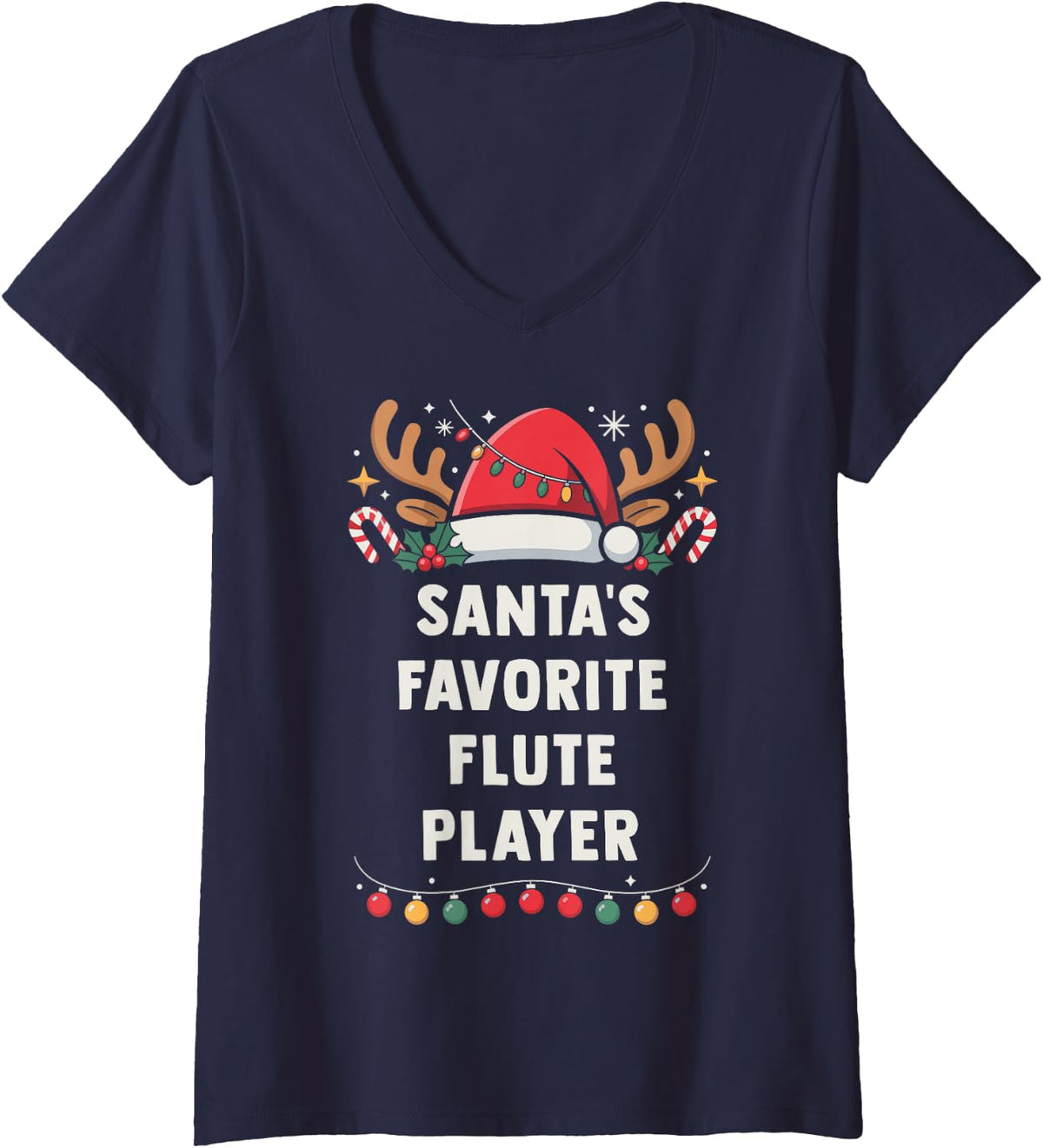 Women's Santa's Favorite Flute Player Christmas Concert Band Squad V-Neck T-Shirt - Navy Blue