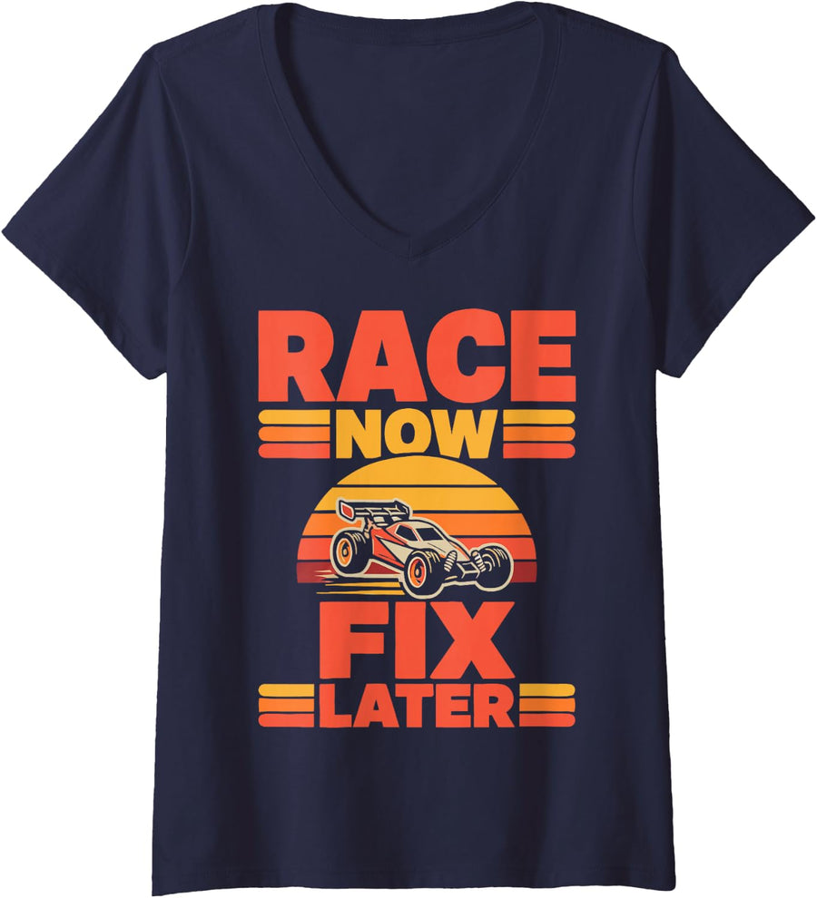 Women's RC Car Racing Humor Remote Control Racer V-Neck T-Shirt - Navy Blue