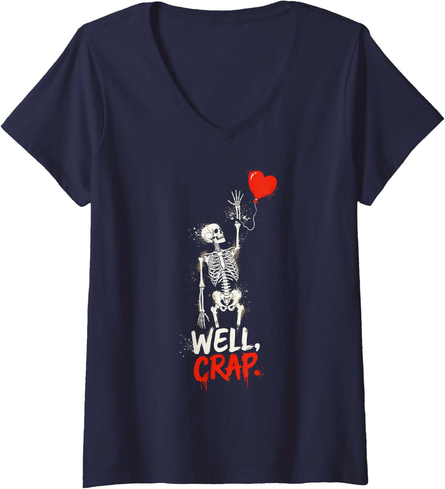 Women's Well Crap Skeleton Lost Balloon Funny Gothic Halloween Art V-Neck T-Shirt - Navy Blue