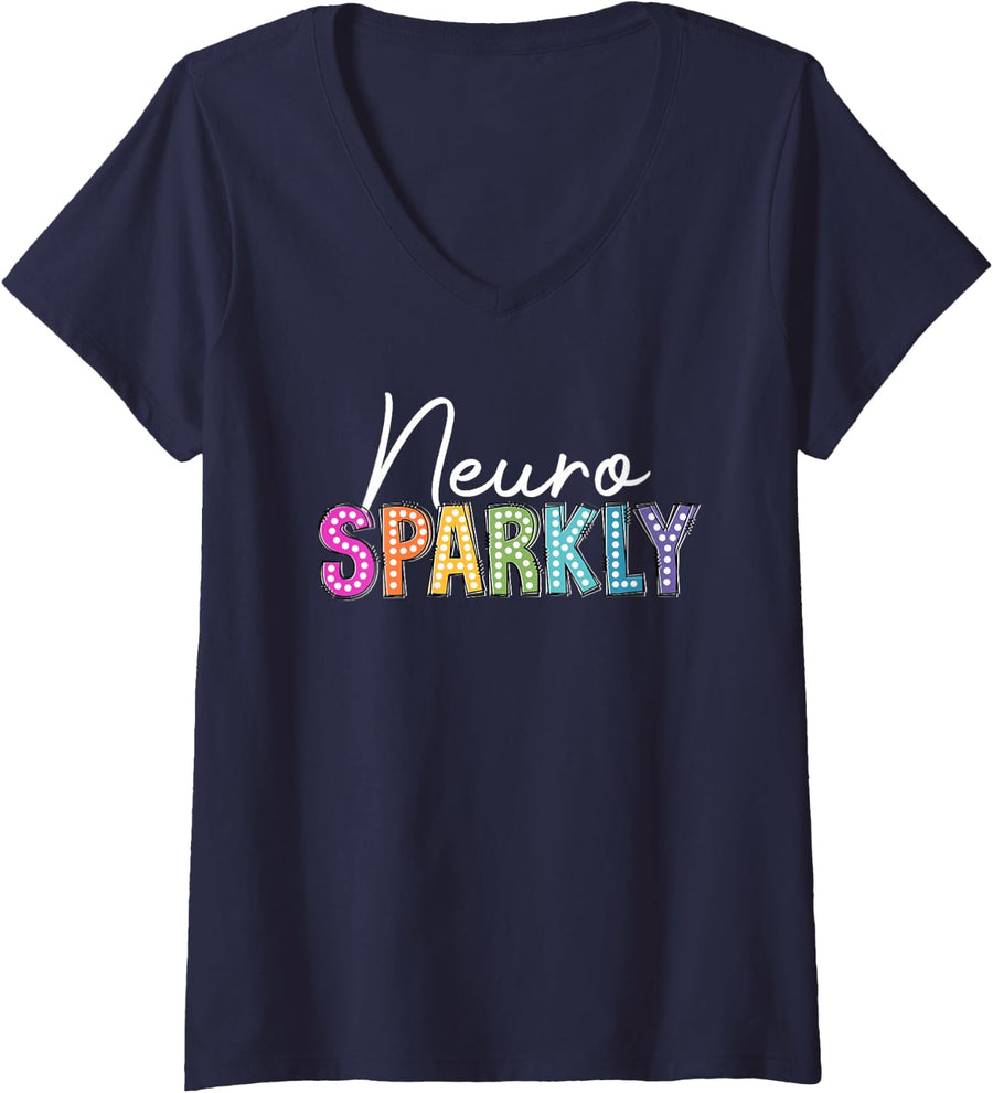 Women's Neuro Sparkly Neurodiversity ASD ADHD Neurodivergence Autism V-Neck T-Shirt - Navy Blue