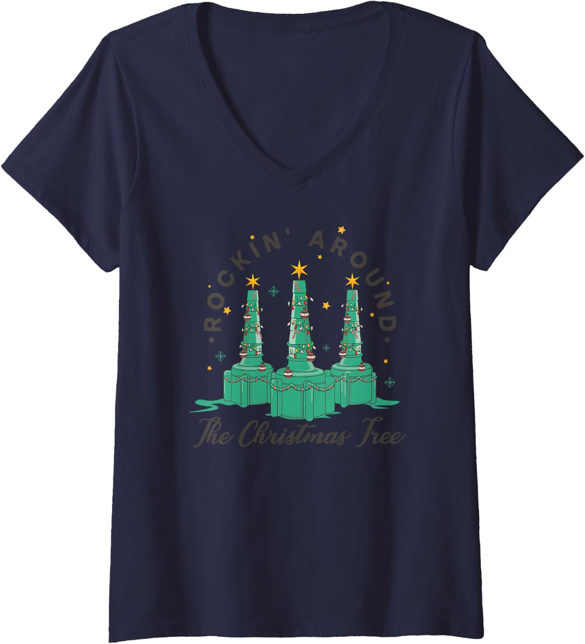 Women's Respiratory Therapist Nurse Rockin Around The Christmas Tree V-Neck T-Shirt - Navy Blue