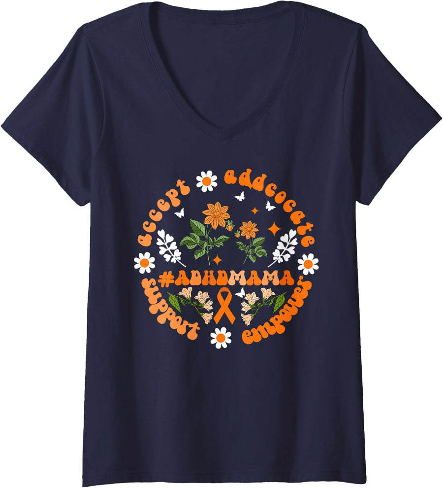 Women's ADHD Mama Groovy ADHD Awareness Family Support Orange Ribbon V-Neck T-Shirt - Navy Blue