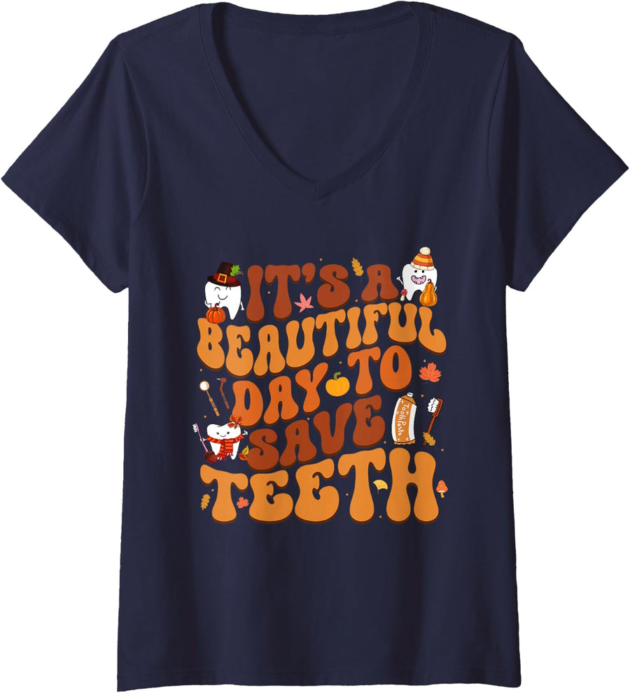 Women's Groovy Retro Its A Beautiful Day to Save Teeth Fall Dental V-Neck T-Shirt - Navy Blue