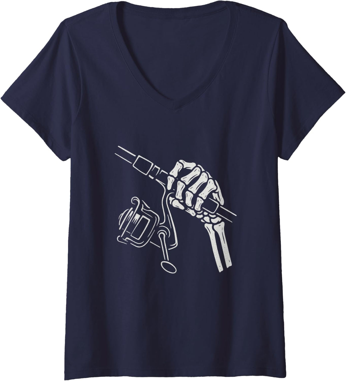 Women's Skeleton Hands Fishing Rod Reel Halloween Costume Fisherman V-Neck T-Shirt - Navy Blue