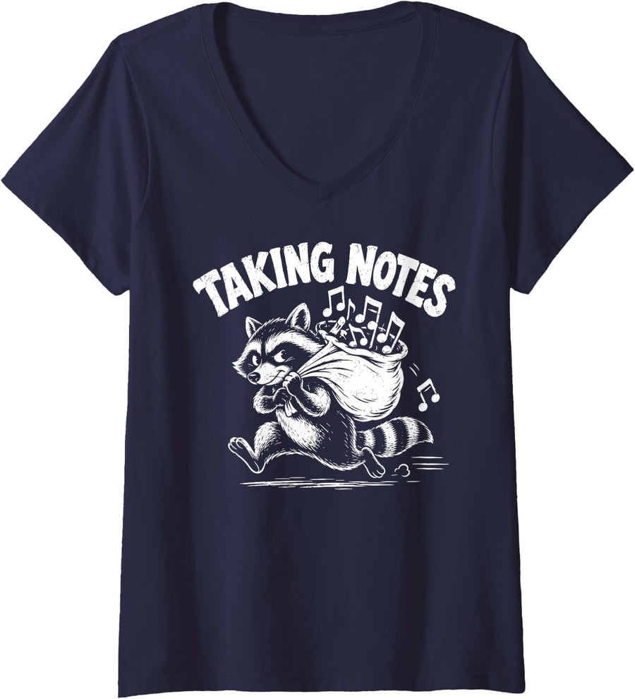 Women's Funny Raccoon Music Art for Men Women Musical Note Joke V-Neck T-Shirt - Navy Blue