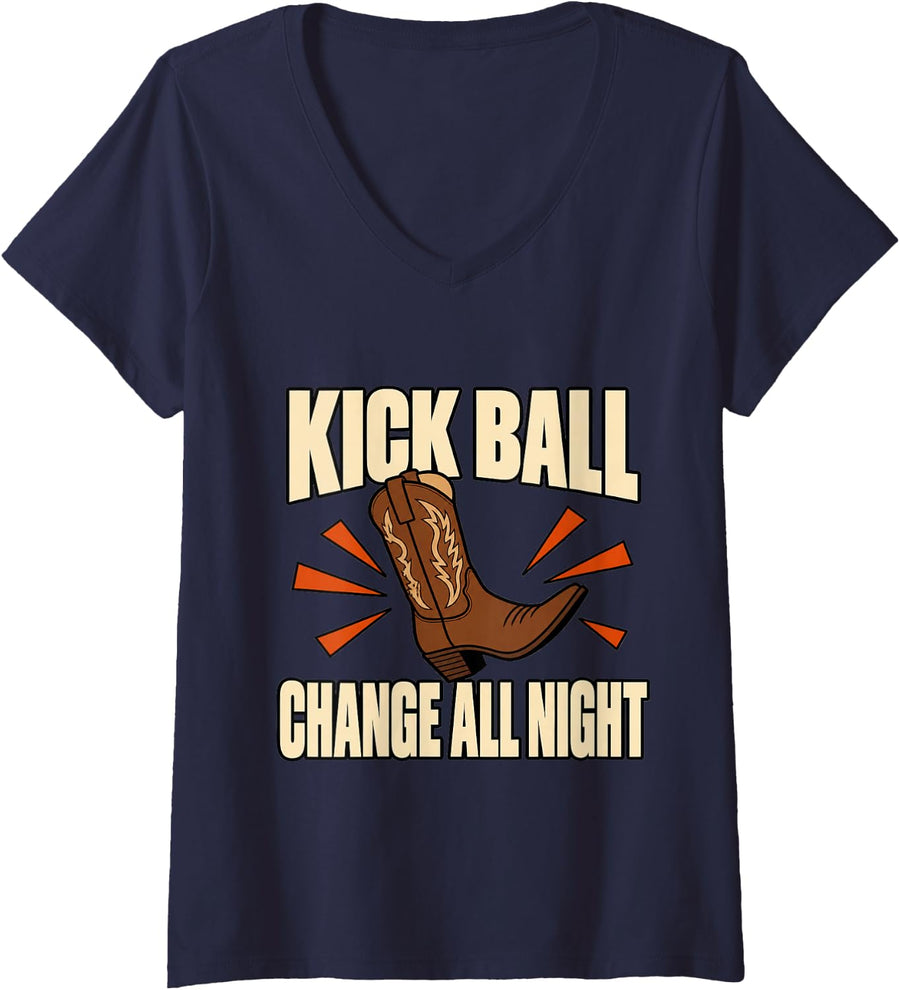 Women's Line Dancing Kick Ball Change All Night Boots Dance Western V-Neck T-Shirt - Navy Blue