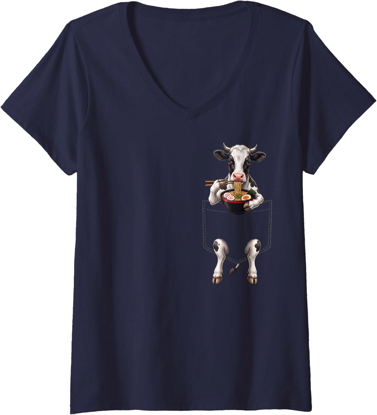 Women's Cow Pocket Ramen Bowl Japanese Food Lover V-Neck T-Shirt - Navy Blue