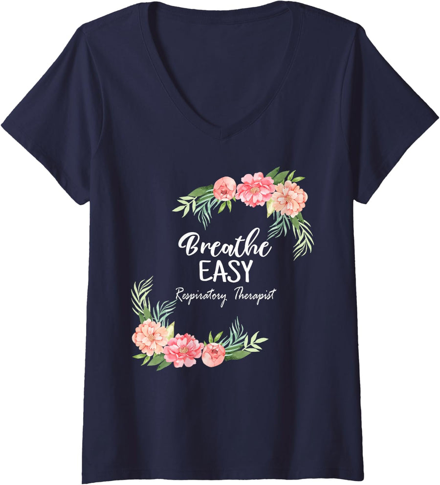 Women's Respiratory Therapist Cute Floral RT Therapy V-Neck T-Shirt - Navy Blue
