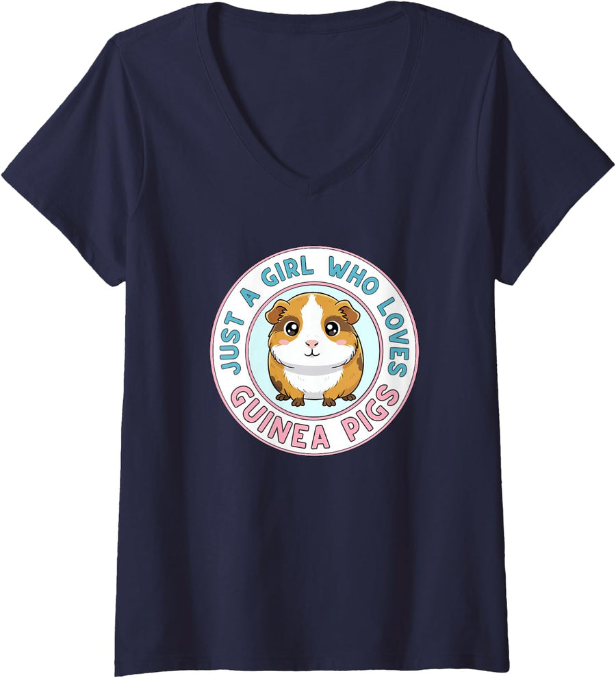 Women's Just A Girl Who Loves Guinea Pigs V-Neck T-Shirt - Navy Blue