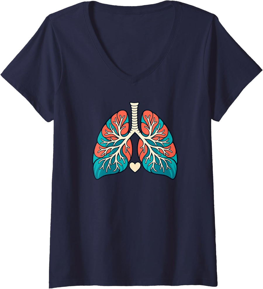 Women's Colorful Anatomical Lungs Respiratory Therapist Art V-Neck T-Shirt - Navy Blue