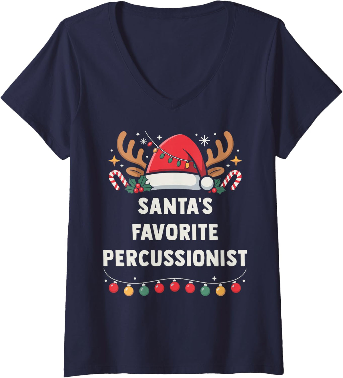 Women's Santa's Favorite Percussionist Christmas Concert Band Squad V-Neck T-Shirt - Navy Blue