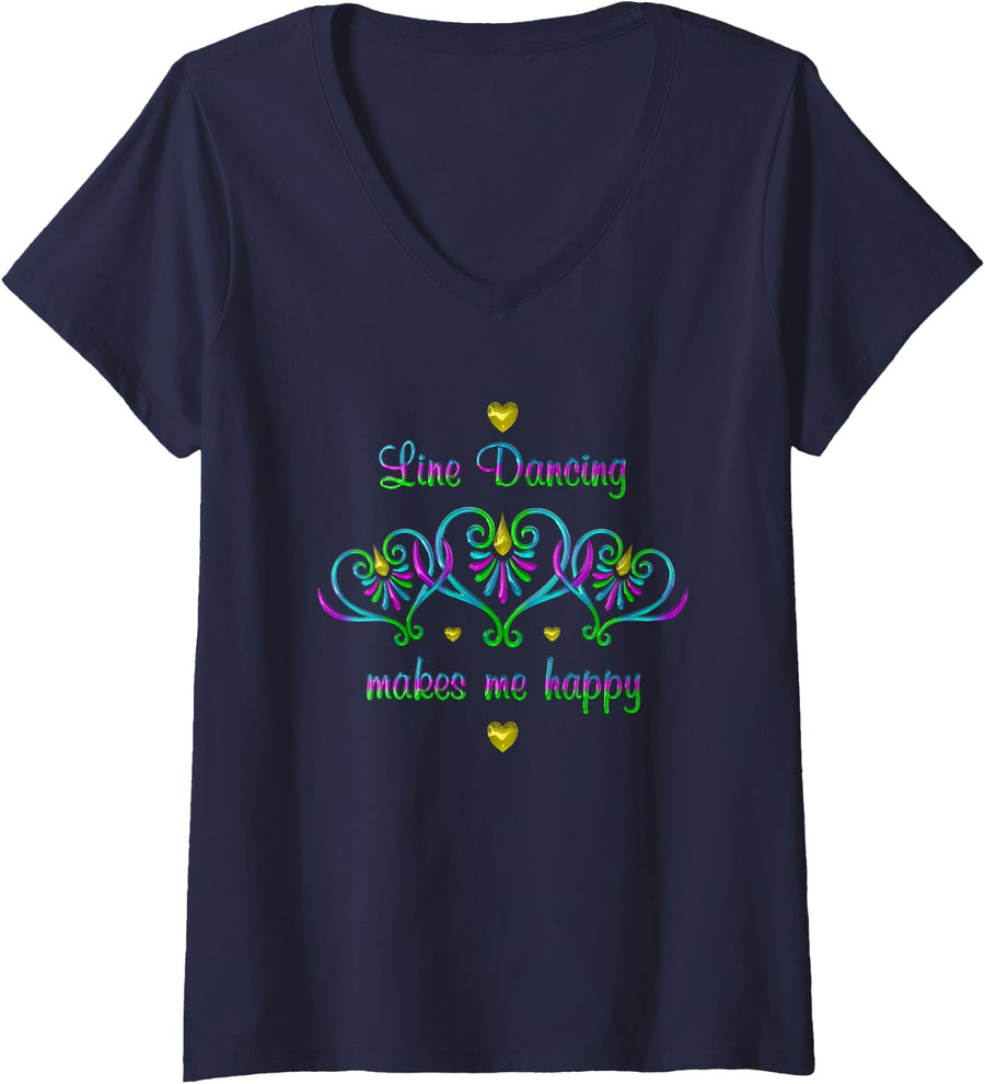 Womens Line Dancing Makes Me Happy V-Neck T-Shirt - Navy Blue