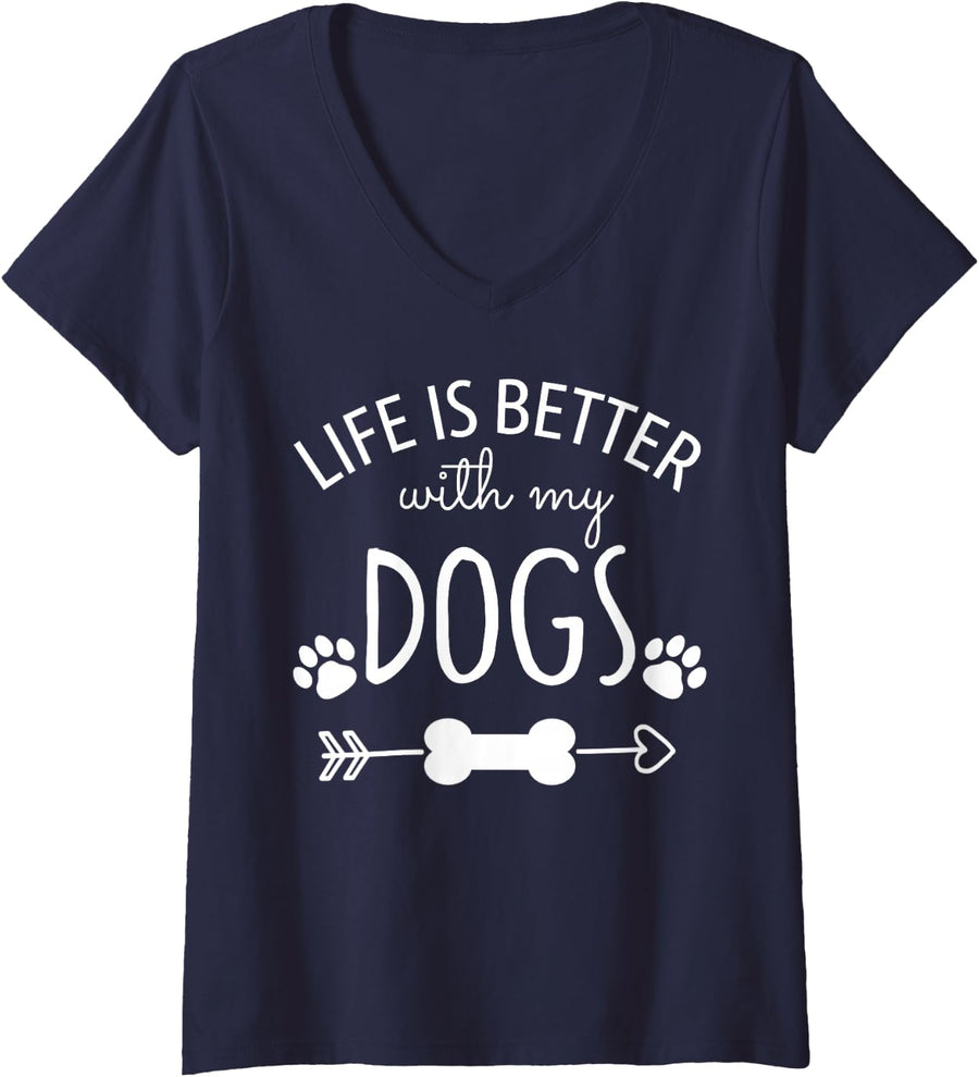 Womens Life is Better With My Dogs Shirt,Paw Heart Funny Dog Lover V-Neck T-Shirt - Navy Blue