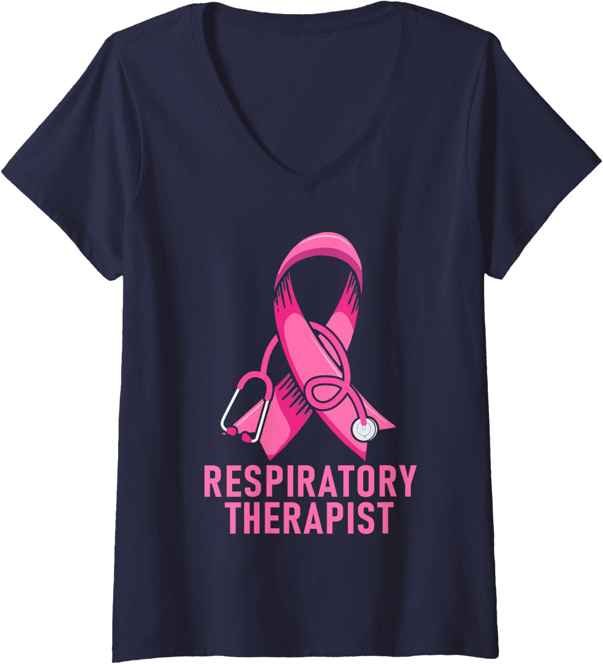 Women's Respiratory Therapist Stethoscope Pink RT Life Breast Cancer V-Neck T-Shirt - Navy Blue