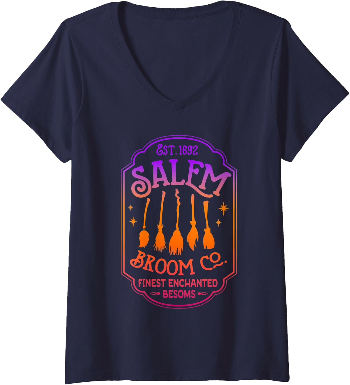 Womens Salem Broom Company Est 1692 Halloween Salem Witch Cat Broom V-Neck T-Shirt - Navy Blue