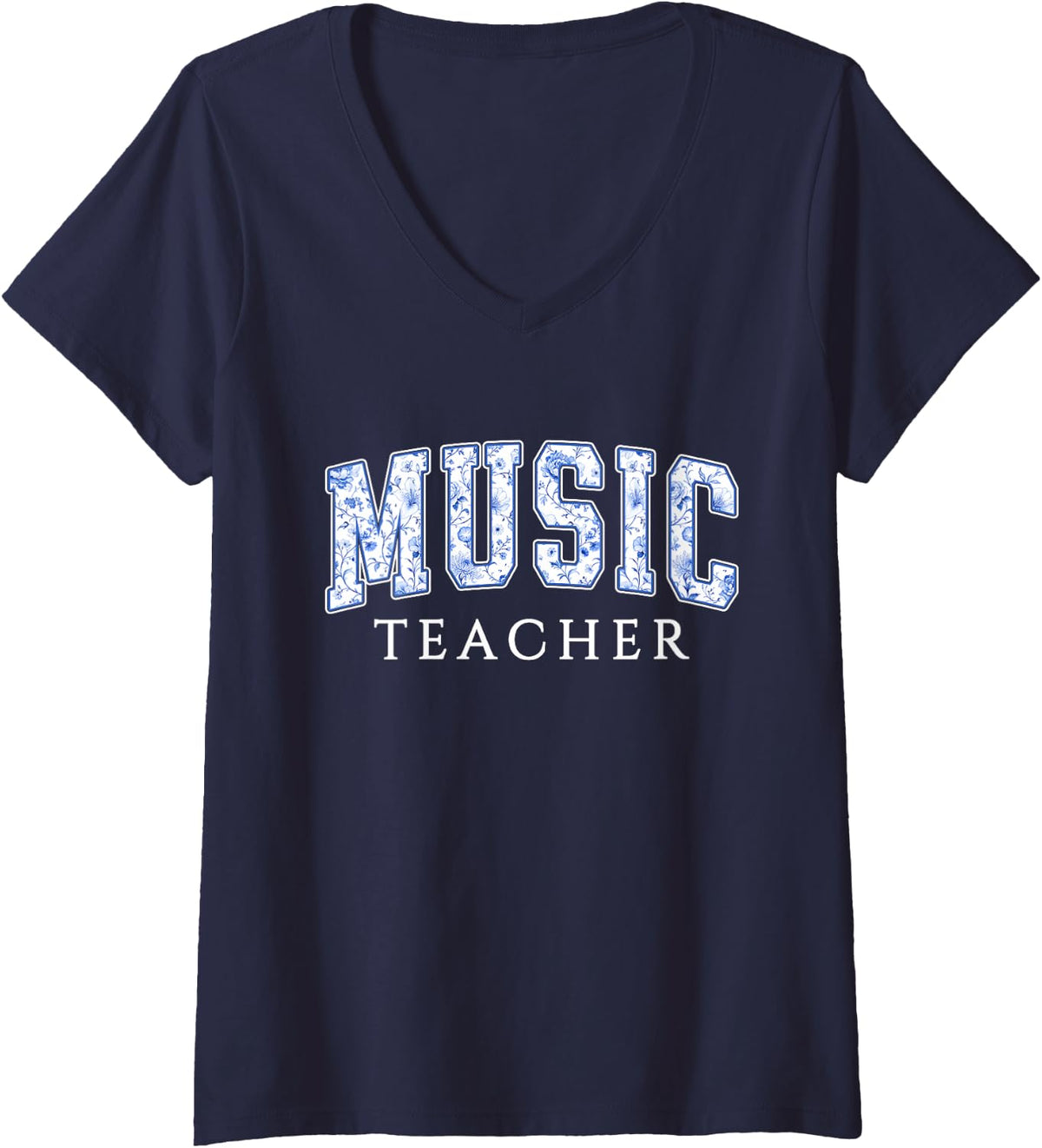 Women's Music Teacher Blue Floral Varsity Letters Music Educator V-Neck T-Shirt - Navy Blue
