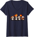 Women's Autumn Pumpkin Fall Panda Thanksgiving Cute Panda V-Neck T-Shirt - Navy Blue