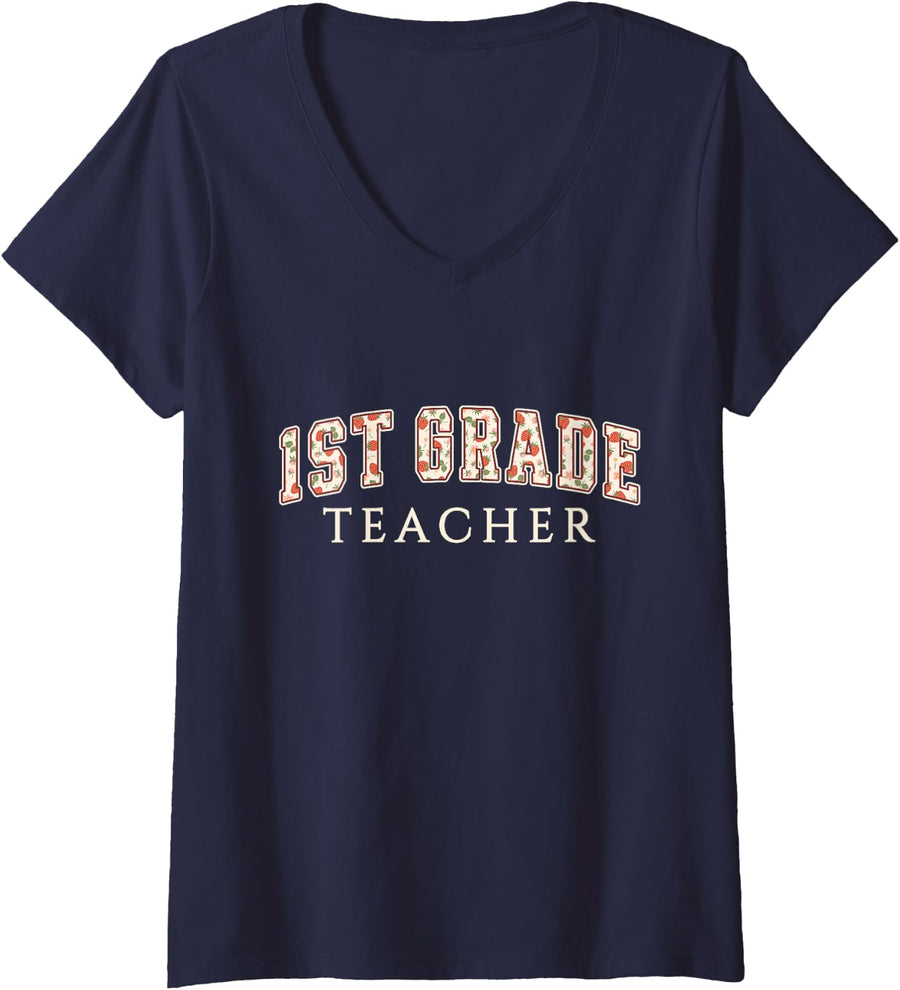 Women's 1st Grade Teacher Strawberry Varsity Letters First Grade V-Neck T-Shirt - Navy Blue