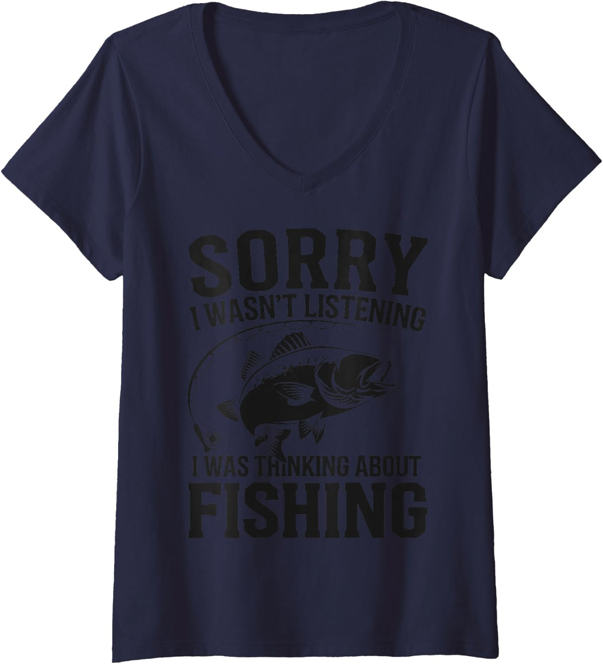 Women's Thinking About Fishing Humor Father's Day Funny Fisherman V-Neck T-Shirt - Navy Blue