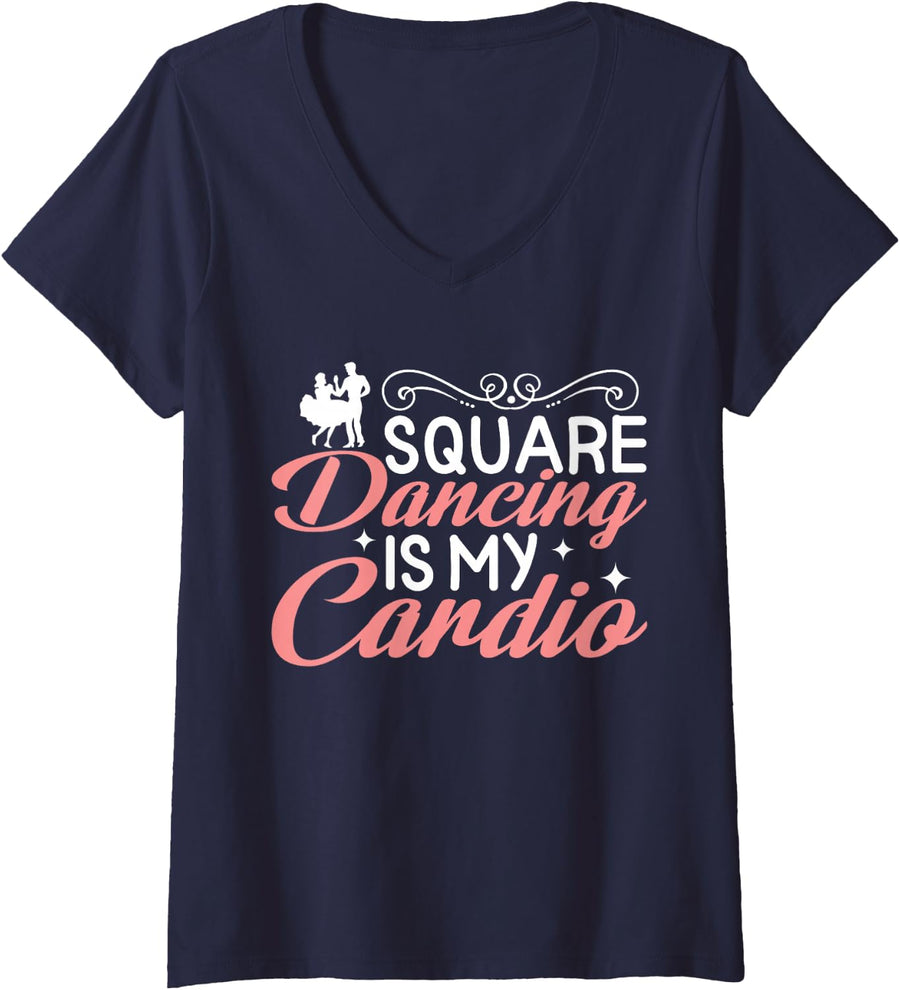 Womens Square Dancing Is My Cardio, Square Dance V-Neck T-Shirt - Navy Blue