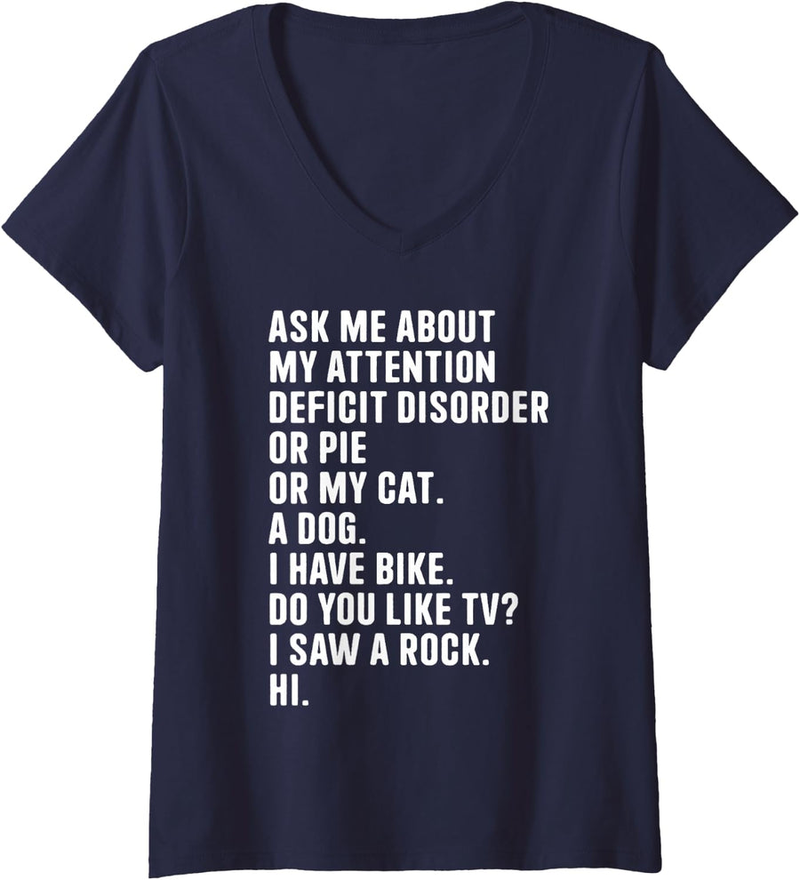 Women's Ask Me About My Attention ADHD Awareness Month Orange Ribbon V-Neck T-Shirt - Navy Blue