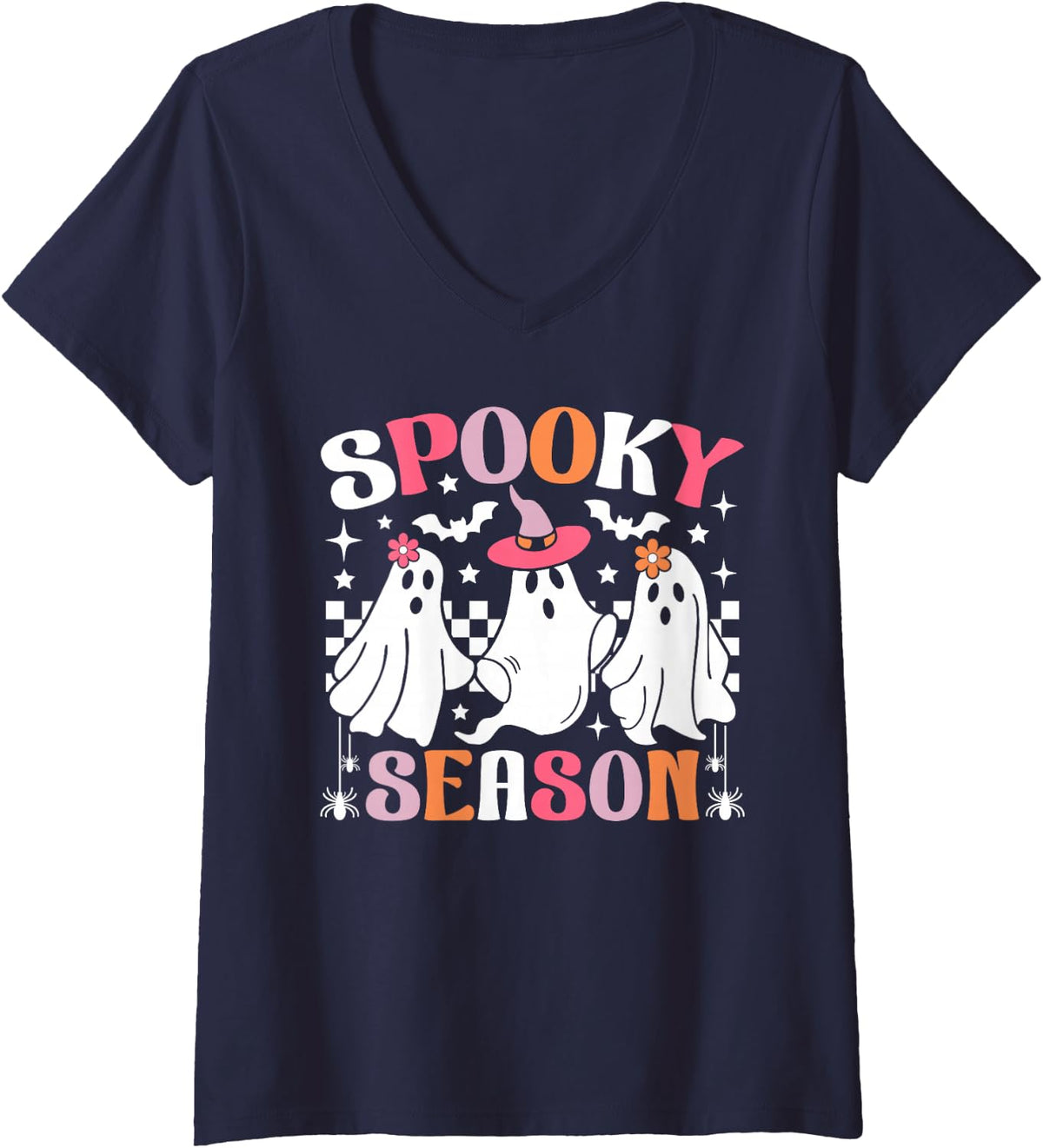 Women's Spooky Season Funny Ghost Halloween Family Matching V-Neck T-Shirt - Navy Blue