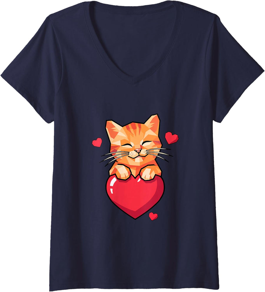 Women's Orange Tabby Cat Hugging Red Heart Cute Ginger Kitty V-Neck T-Shirt - Navy Blue