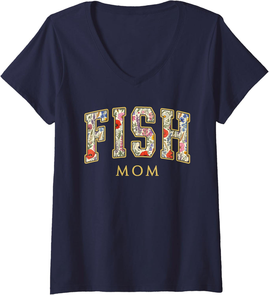 Women's Fish Mom Wildflower Varsity Letters Aquarium Lover V-Neck T-Shirt - Navy Blue