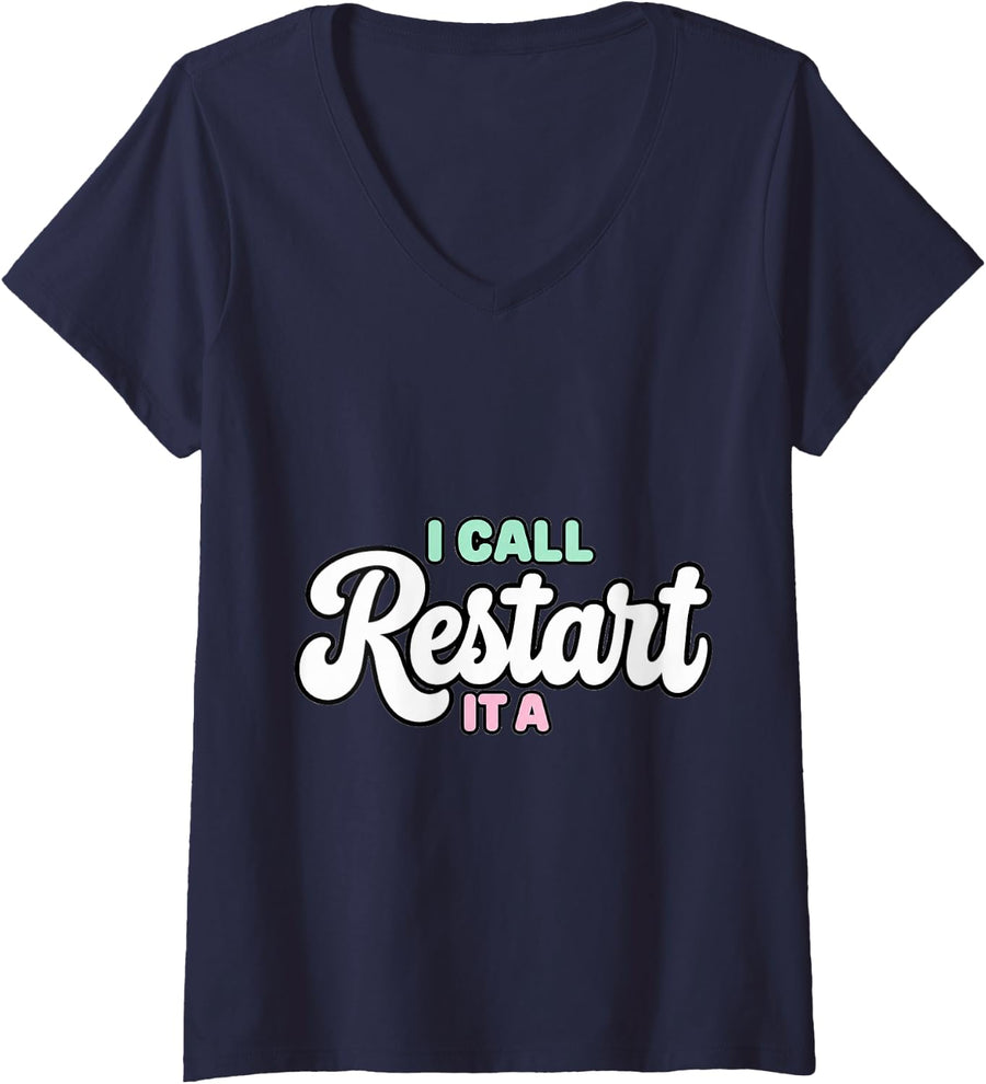 Women's Line Dancing I Call It A Restart Instructor Funny V-Neck T-Shirt - Navy Blue