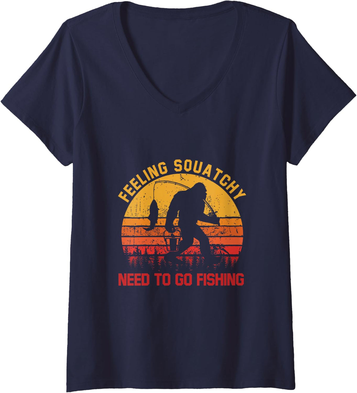 Women's Feeling Squatchy Need to Go Fishing Retro Bigfoot Fisherman V-Neck T-Shirt - Navy Blue