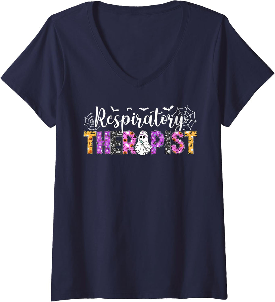 Women's Spooky Respiratory Therapist Halloween Respiratory Therapy V-Neck T-Shirt - Navy Blue