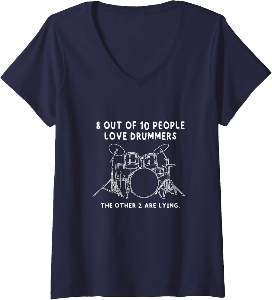 Women's Funny Drummer Drum Kit Musician Drummer Gift V-Neck T-Shirt - Navy Blue