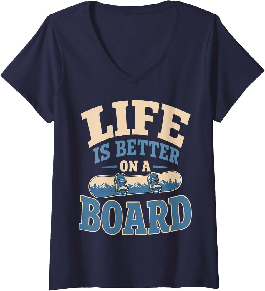 Women's Snowboard Rider Snowboarding Boarder V-Neck T-Shirt - Navy Blue