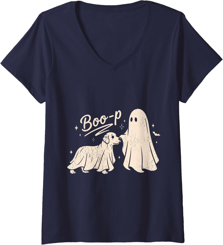 Women's Spooky Season Golden Retriever Halloween Boo-P Ghost Dog V-Neck T-Shirt - Navy Blue