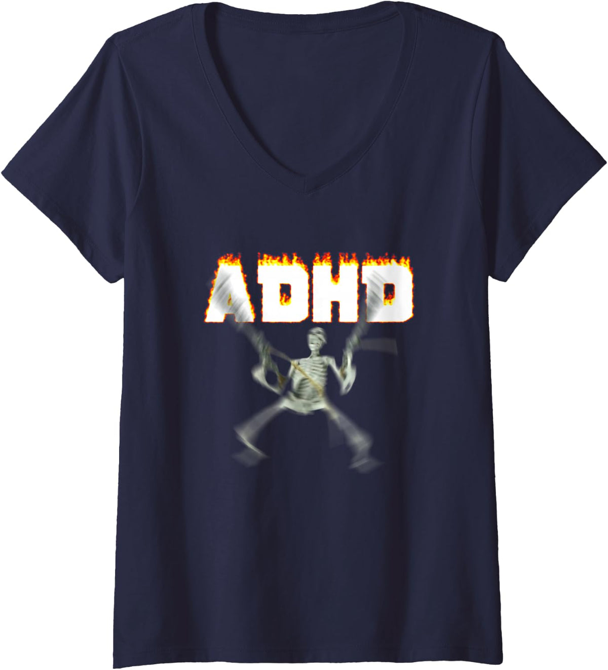 Women's ADHD Skeleton Meme V-Neck T-Shirt - Navy Blue
