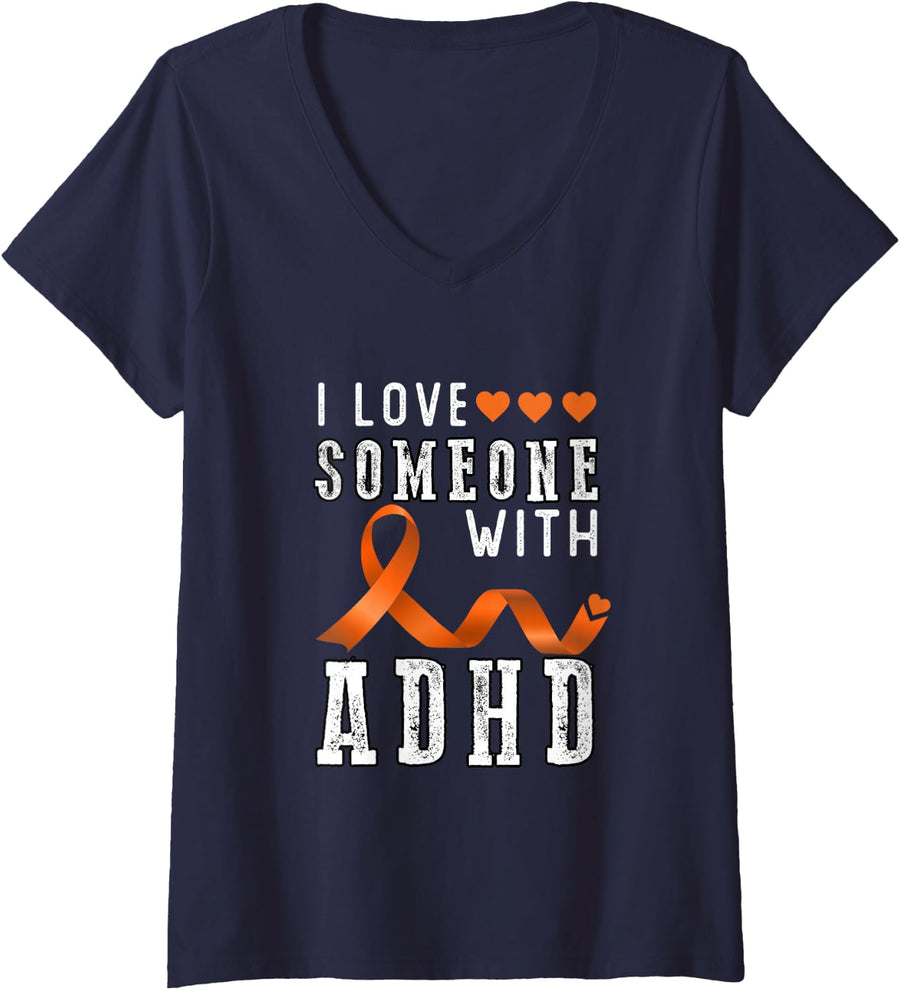 Women's I Love Someone with ADHD Orange Ribbon Awareness Womens Men V-Neck T-Shirt - Navy Blue