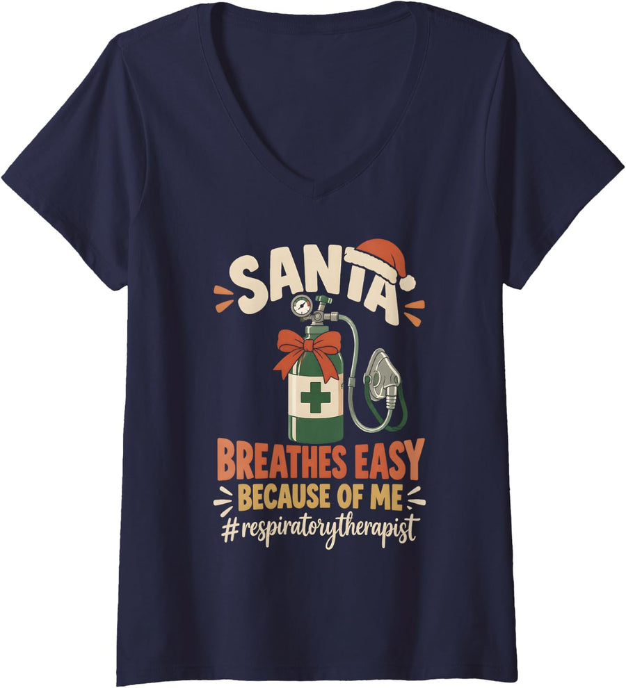 Women's Santa Breathes Easy Respiratory Therapist Christmas V-Neck T-Shirt - Navy Blue