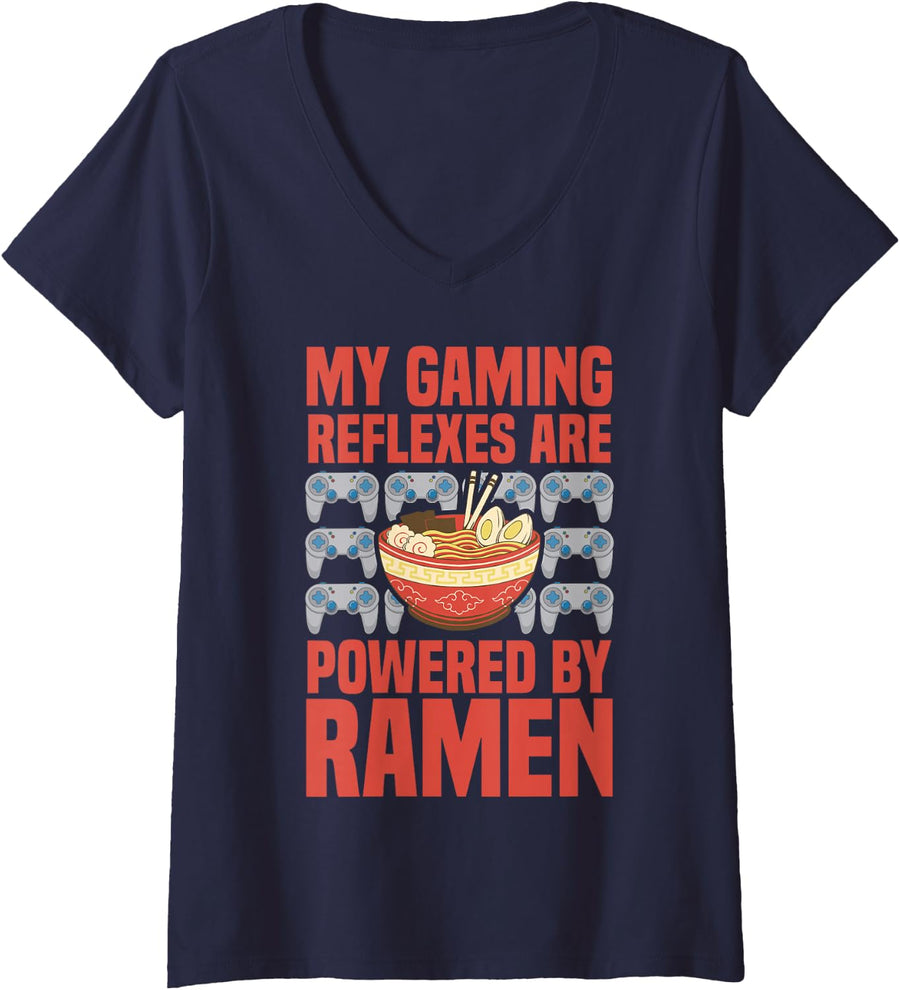 Women's Ramen Gaming Video Game Anime V-Neck T-Shirt - Navy Blue