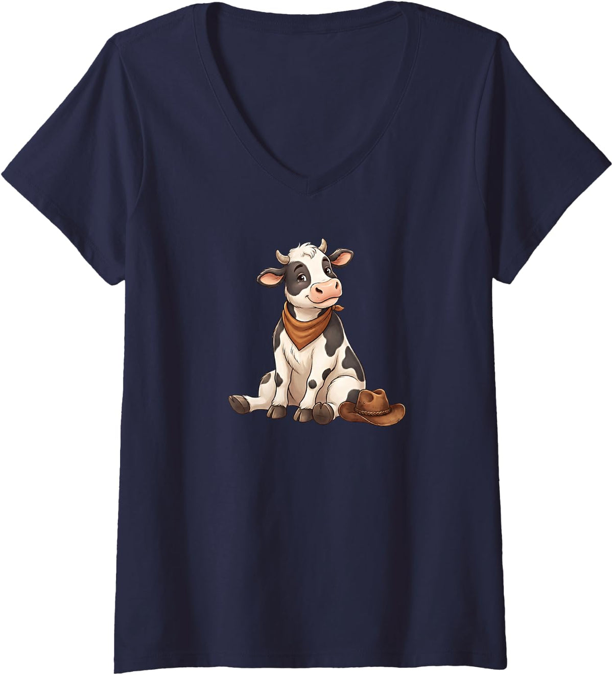 Women's Cute Cartoon Cow Sitting with Cowboy Hat Bandana V-Neck T-Shirt - Navy Blue