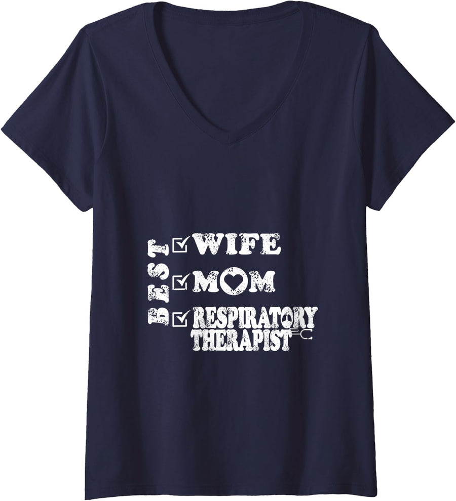 Women's Best Wife Mom Respiratory Therapist V-Neck T-Shirt - Navy Blue