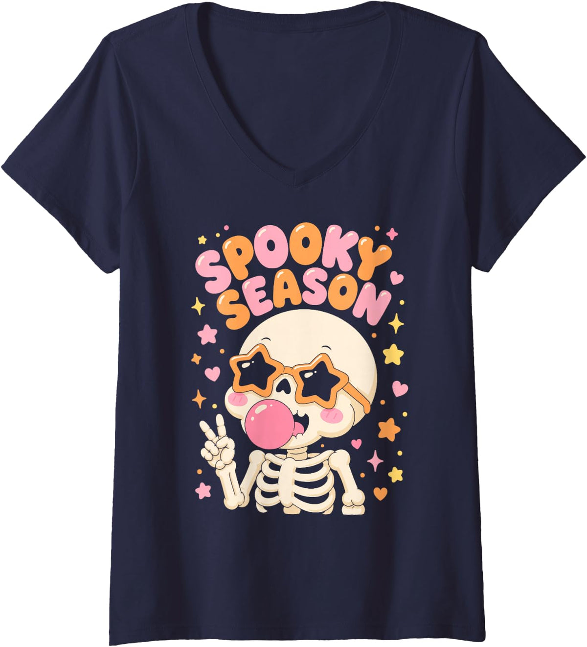 Women's Halloween Spooky Season Cute Cartoon Skeleton Kids V-Neck T-Shirt - Navy Blue